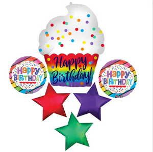 Balloon Bouquet - "Happy Birthday" Cupcake with 3 Stars
